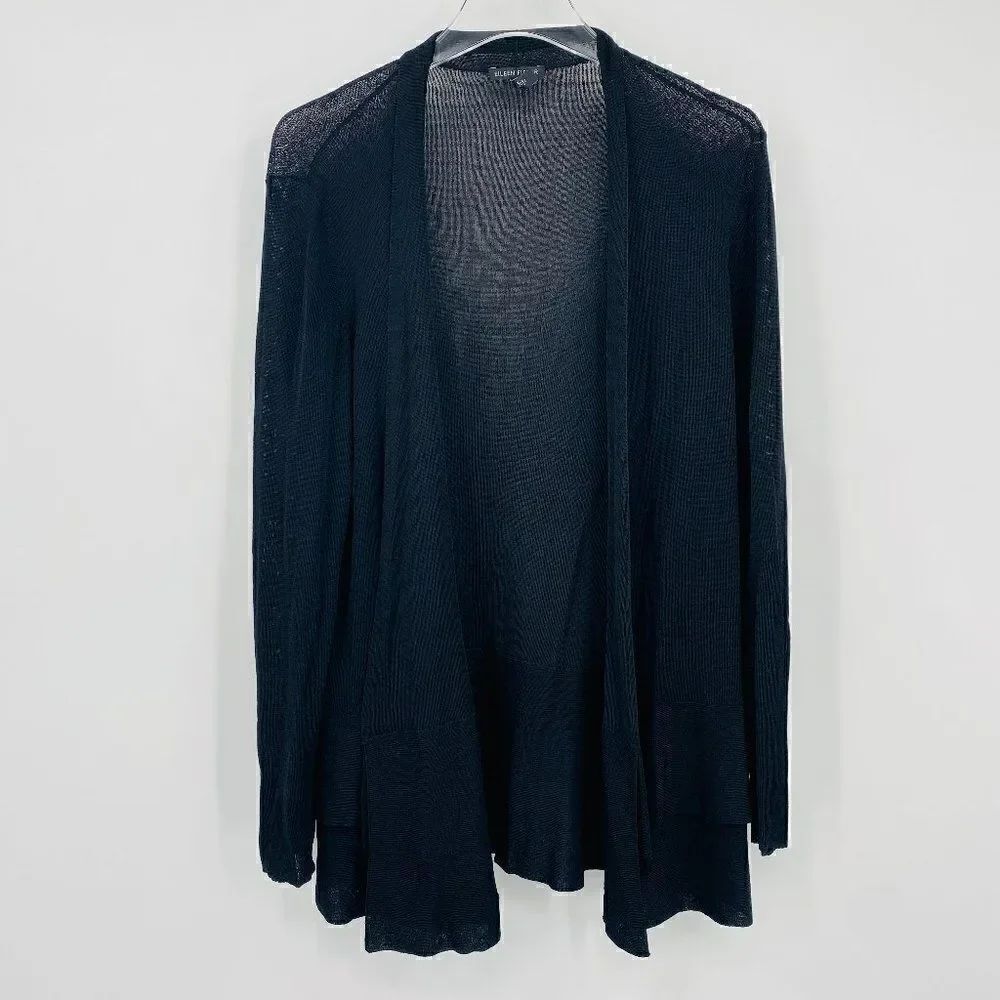 Eileen Fisher Size Medium Black Long Sleeve Open Front Ruffle Hem Cardigan